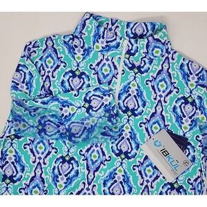 NEW IBKUL 1/4 Zip Pullover Womens Med Long Sleeve Icefil Mondrian Blue Green NWT
